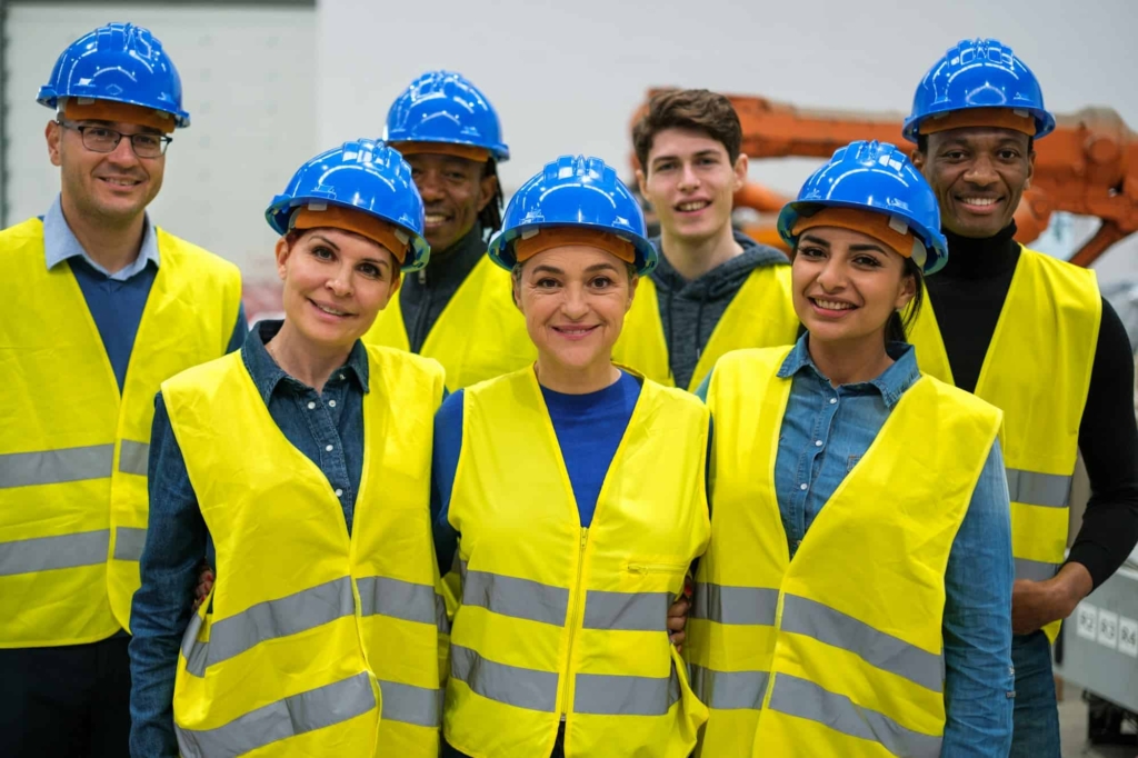 group of engineers in factory working together